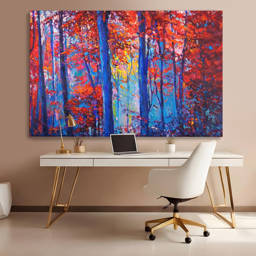 Tablou canvas cu pictura in ulei cu padure de toamna, fara rama, pe sasiu de lemn, pe perete intr-un birou